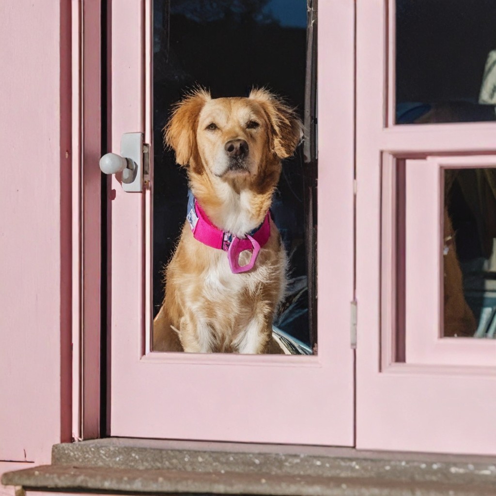 SDXL generated image: A dog at the pink door