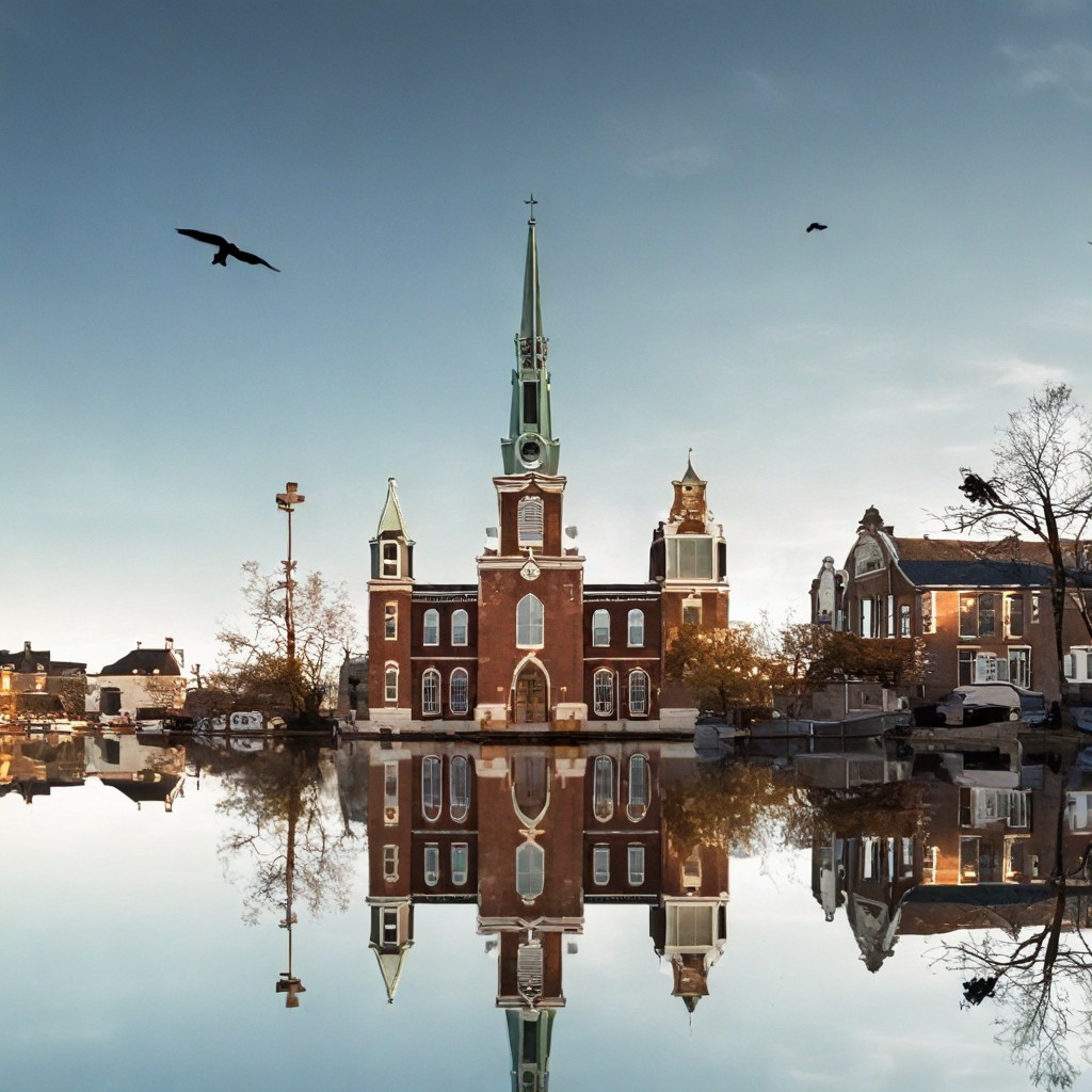 SDXL generated image: Reflections by the steeple
